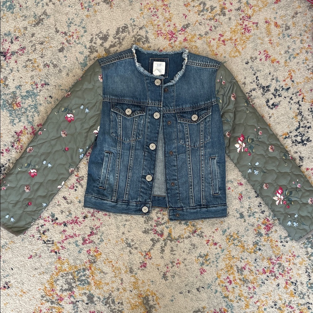 Girls Kids Denim Jacket with Floral Sleeves